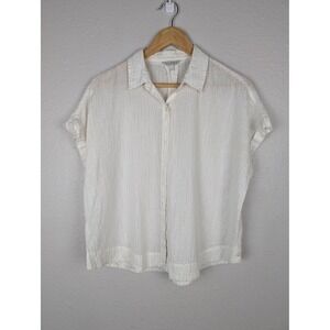 Lucky Brand Shirt Womens Small White Button Front Short Sleeve Metallic‎ Stripe